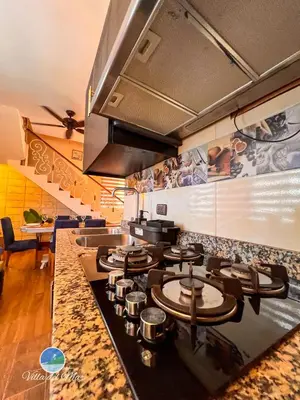 a kitchen with a counter with a stove top oven at Villa del Mar in Santa Cruz de Barahona