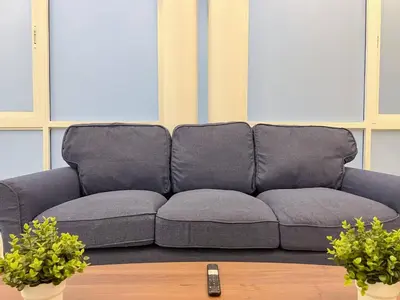 a gray couch in a living room with two plants at Plaza Achim 7, Luxury Apt 250m From Sosua Beach in Sosúa