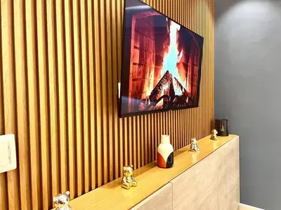 a bathroom with a tv on a wall with a fireplace at Deluxe_Suite_1BDR_POOL_GYM_SAUNE in Santo Domingo