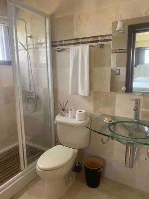 a bathroom with a toilet and a glass shower at Modern Centrical Evaristo Apartment With Tub in Los Prados