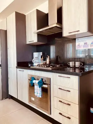 a kitchen with an oven with a towel in it at Condo hotel rialto Recidences in Santiago de los Caballeros