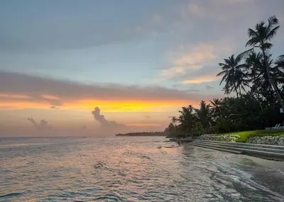 a sunset over a beach with palm trees and the ocean at Aquarella Sunset Caribbean Beachfront Gataway in La Puntica de Juan Dolio