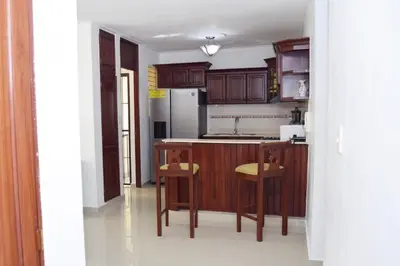 a kitchen with wooden cabinets and a white refrigerator at Relax in this apartment in Santiago de los Caballeros