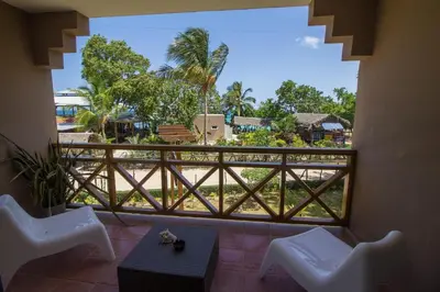 a balcony with a view of the beach and palm trees at Paradise Island Beach Resort in Punta Rucia