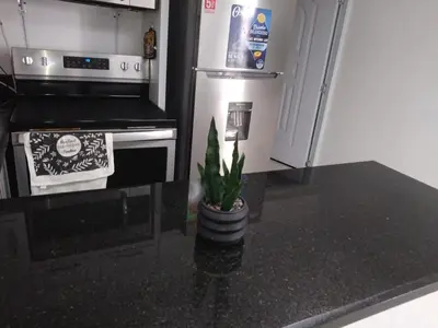 a kitchen with a plant in a pot on the floor at Luxury Apartment Hot Water,AC,WiFi,PS3 in San Felipe de Puerto Plata
