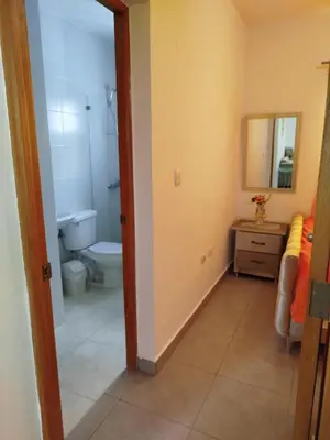 a bathroom with a toilet and a sink and a mirror at Higüey City Home in Higuey