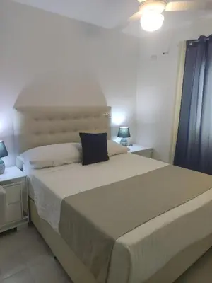 a bedroom with a large white bed with a blue pillow at santiago de los caballeros hipanoamericana in Santiago de los Caballeros