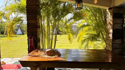 a wooden bench in front of a window with palm trees at Eco Lodges & Camping, Chalets Tropicales, Macao Beach, Bávaro, Punta Cana in Punta Cana