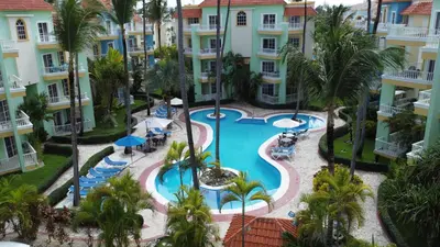 an aerial view of the pool at the resort at Palm Suites E-6-two-level apartment with a view of the pool in Punta Cana