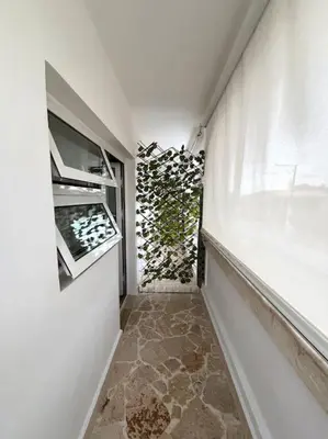 a hallway with a white wall with a plant at Cozy Apartment in Las Galeras in Las Galeras