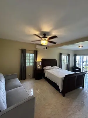 a bedroom with a bed and a ceiling fan at Casa Vista Mar, Los Patos, Barahona - 4x4 or All Terrain Vehicle to Access Property in Los Patos