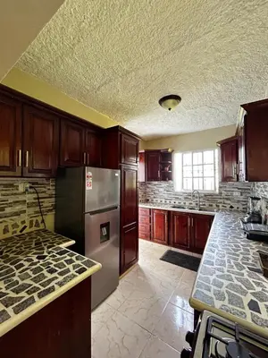 a kitchen with wooden cabinets and a stainless steel refrigerator at Casa Vista Mar, Los Patos, Barahona - 4x4 or All Terrain Vehicle to Access Property in Los Patos