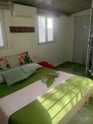 a bedroom with a large bed with a green blanket at La casita del sol in Las Terrenas
