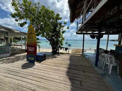 a wooden walkway next to a beach with the ocean at Vista Bayahibe Paradise in Bayahibe