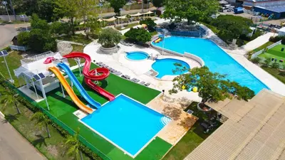 an overhead view of a pool with a water park at Sosua Ocean Village, Villa 11, Garden Dream in Sosúa