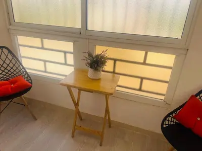 a table with a plant on it in front of a window at Fantástico y pequeño estudio in Santiago de los Caballeros