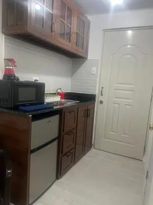 a kitchen with a white door and a microwave at Fantástico y pequeño estudio in Santiago de los Caballeros