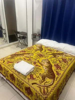 a bed with a yellow blanket with a dragon on it at Fantástico y pequeño estudio in Santiago de los Caballeros