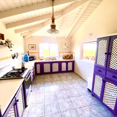 a kitchen with purple cabinets and a counter top at Casa Del Sol in El Limón