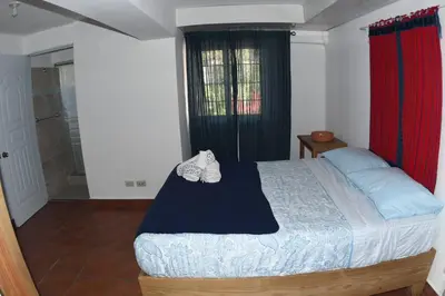 a bedroom with a large bed and a shower at DiNancyCasolare - La Colonia, SC in Cambita Garabitos