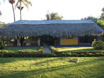 a hut with a straw roof on a lawn at Los Bohios Campo Añil in Jarabacoa