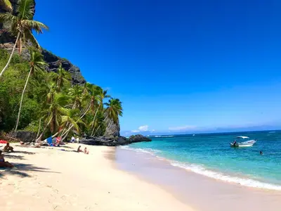 a beach with palm trees and a boat in the water at Villa KAMBUSA in Las Galeras