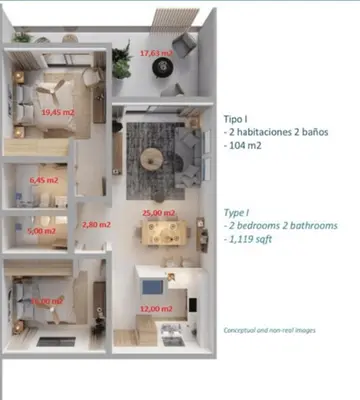 a floor plan of a bedroom apartment at New pool views Sausalito Residencial close to Playa Bavaro in Punta Cana