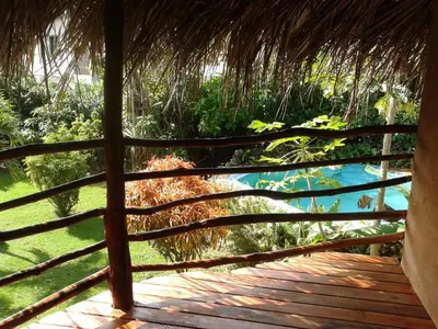 a view from the porch of a thatch roofed house at La Rancheta in Las Galeras