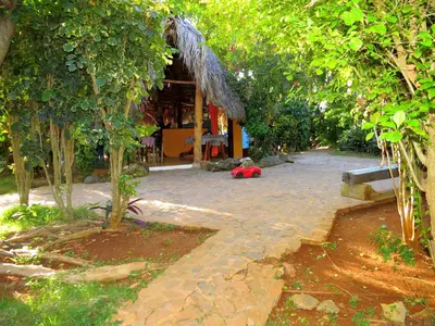 a path leading to a building in a garden at La Rancheta in Las Galeras