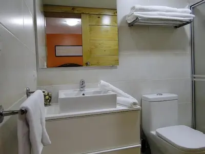 a bathroom with a sink and a toilet and a mirror at Apartamento Carmil I in Santo Domingo
