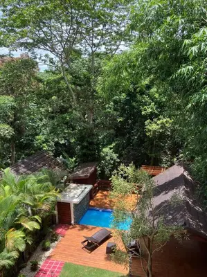 an aerial view of a backyard with a swimming pool at Villa Reina in Buena Vista