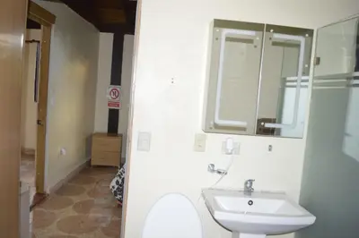 a bathroom with a sink and a mirror and a toilet at Villa Doña Plinia in El Cruce