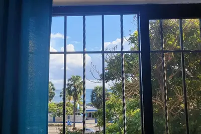 a window with a view of the ocean and palm trees at 501 Apto Entero Stunning Malecón Roof Condo in Villa Francisca