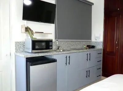 a white kitchen with a microwave and a sink at Villa Olga Studio in Rincón Largo