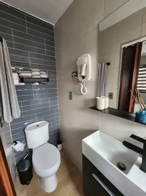 a bathroom with a white toilet and a sink at Rooftop Apartment in Villa Francisca