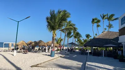 a beach with palm trees and people sitting on the beach at The Perfect Place for Holiday in los Corales RD in Punta Cana