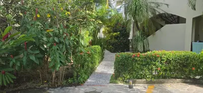 a garden with flowers and plants and a walkway at Apartamentos confortables in La Barbacoa