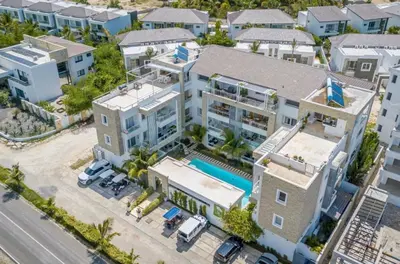 an aerial view of a large house with a pool at Elegant 2 Bedroom Apartment with Pool in La Laguna