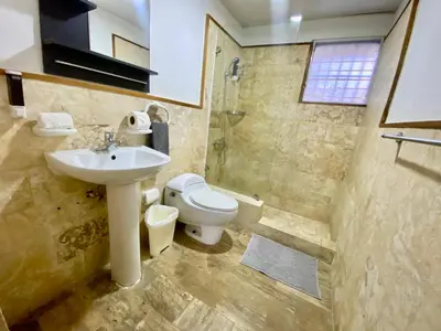 a bathroom with a sink and a toilet and a shower at The Best Place in los Corales RD Arenas De B in Punta Cana