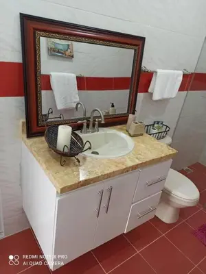 a bathroom with a sink and a mirror and a toilet at Modern Country Side Lux Apt in La Ceibita