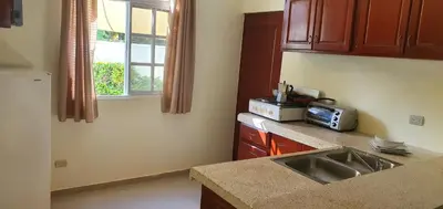 a kitchen with a sink and a microwave at Costambar Beachside Apartment with Pool in San Felipe de Puerto Plata