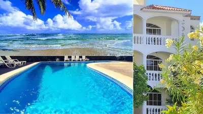 a collage of two pictures of a house and the ocean at Costambar Beachfront Stay with Pool in San Felipe de Puerto Plata