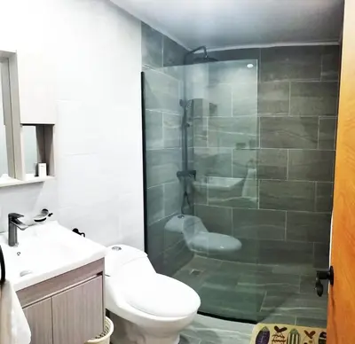 a bathroom with a shower and a toilet and a sink at Modern 2BR Apartment 3 Min from Airport with Free Parking in Sosúa