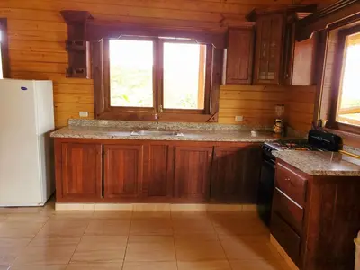 a kitchen with wooden cabinets and a sink and a refrigerator at Villas Las Neblinas in Constanza