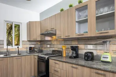 a kitchen with wooden cabinets and a stove top oven at KITE BEACH HOTEL Oceanfront Apartments in Cabarete