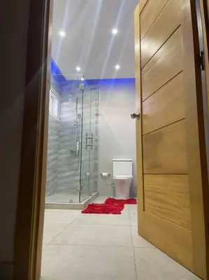 a bathroom with a shower and a toilet and a door at Modern House in Santo Domingo Este in Juan López