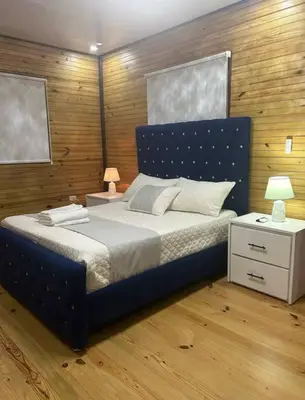a bedroom with a blue bed with two lamps and a nightstand at Villa Naturaleza y confort in Santiago de los Caballeros