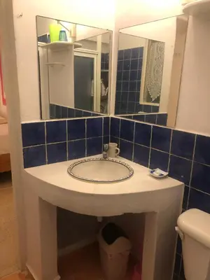a bathroom with a sink and a mirror and a toilet at Hotel Casa Robinson in Las Terrenas