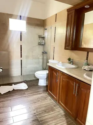 a bathroom with a toilet and two sinks and a shower at Villa familiar con vista al océano in San Felipe de Puerto Plata