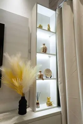 a room with a shelf with a vase with feathers in it at Acogedor y exclusivo Apt en el gran Santo Domingo in Santo Domingo